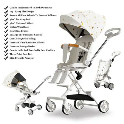 Cărucior 2in1 Compact și Elegant cu Rotație 360° și Parasolar Reglabil