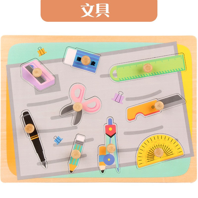 Puzzle Montessori din Lemn pentru Copii, Flippy, 0-3 Ani, 3D, Model Instrumente Matematice, Educativ, Intuitiv, Creativ, 9 Piese, Multicolor-0