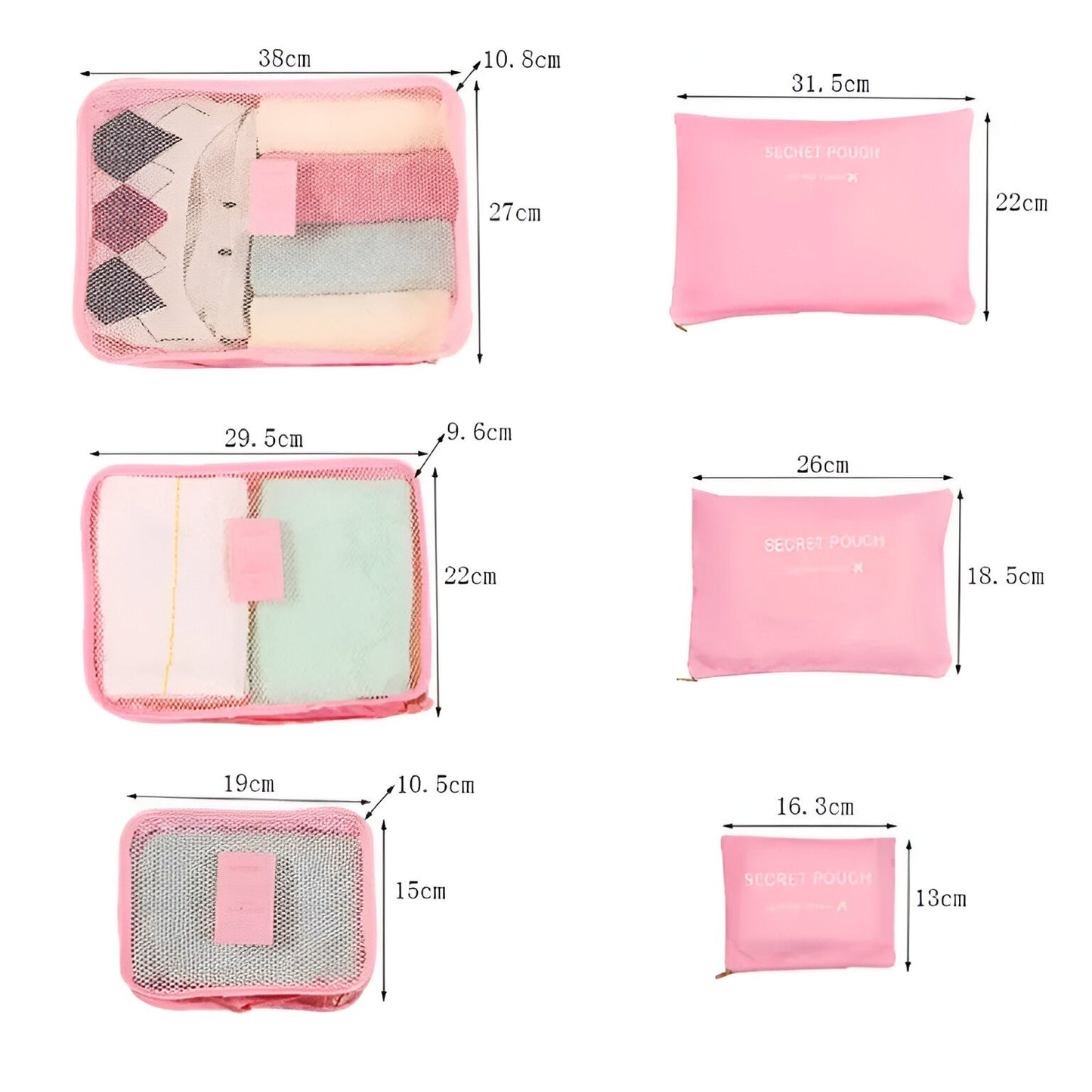 Set 6 Genți de Calatorie, Flippy, pentru Depozitare, Impermeabile, Organizator, Multifuncționale, Design cu Plasa, Pliabile, Fermoar, Dimensiuni Diferite, Roz-1