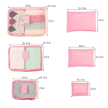 Set 6 Genți de Calatorie, Flippy, pentru Depozitare, Impermeabile, Organizator, Multifuncționale, Design cu Plasa, Pliabile, Fermoar, Dimensiuni Diferite, Roz-1