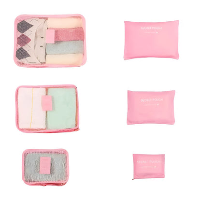 Set 6 Genți de Calatorie, Flippy, pentru Depozitare, Impermeabile, Organizator, Multifuncționale, Design cu Plasa, Pliabile, Fermoar, Dimensiuni Diferite, Roz-0