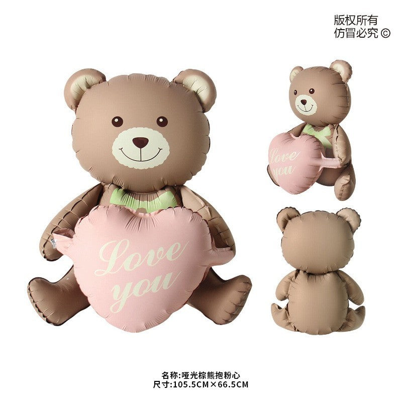 Balon din Folie Metalizata, Flippy, Figurina Animata, Model Ursulet cu Inimioare, 105.5x66.5 cm, Ambalaj Individual, Pai Inclus, Umflare cu Aer sau Heliu, Maro-0