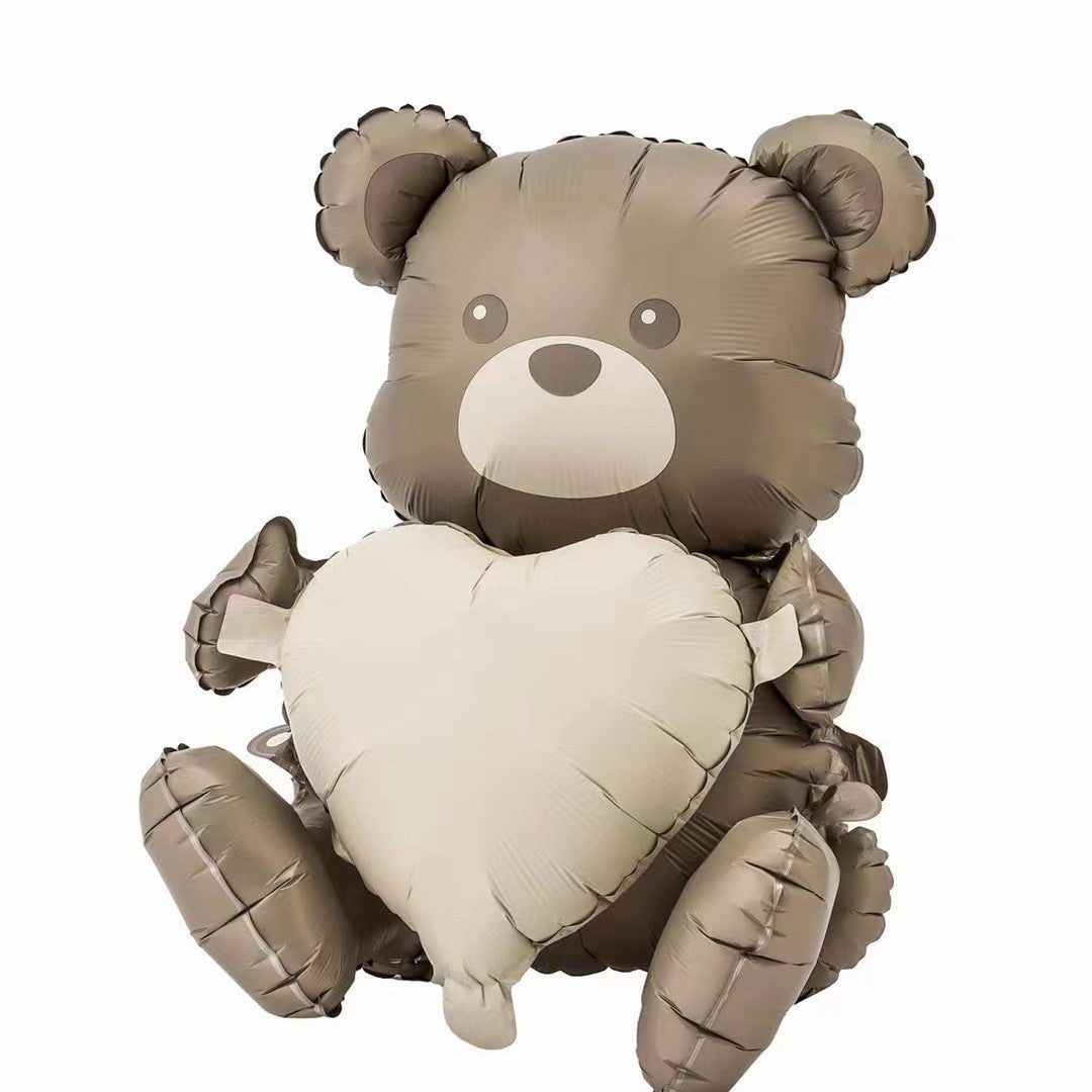 Balon din Folie Metalizata, Flippy, Figurina Animata, Model Ursulet cu Inima, 65x65 cm, Ambalaj Individual, Pai Inclus, Umflare cu Aer sau Heliu, Maro-0