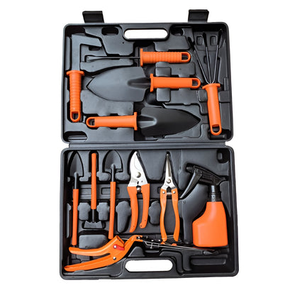 Set 12 Unelte de Gradina, Flippy, pentru Plantare Prelucrare Sol si Ingrijire Plante, Manere Portocalii, Material PVC si Cardboard, Cutie Inclusa, 37x28 cm, Negru-0