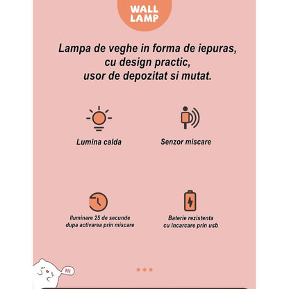Lampa de veghe portabila cu 2 moduri de functionare Flippy, silicon non-toxic, reincarcabila USB, senzor miscare, alb, iepuras-4