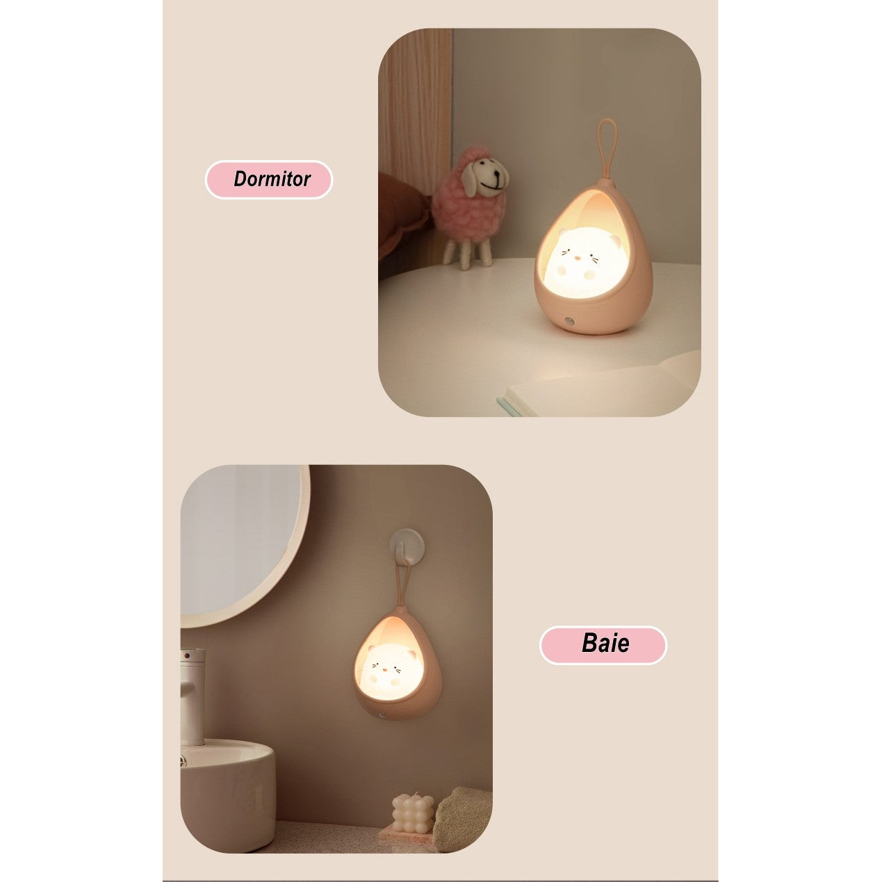 Lampa de veghe portabila cu 2 moduri de functionare Flippy, silicon non-toxic, reincarcabila USB, senzor miscare, alb, iepuras-7
