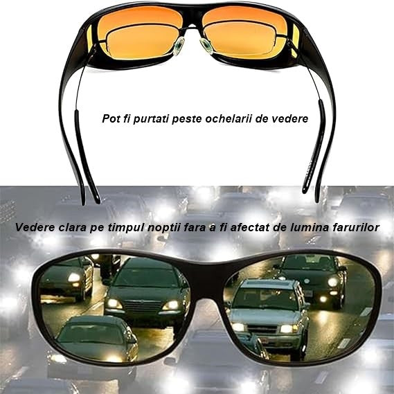 Ochelari pentru Viziune pe Timp de Noapte, Flippy, Polarizati, pentru Condus, Ciclism, cu Posibilitatea Purtarii peste Ochelarii de Vedere, cu Lentila Galbena, pentru Protectie, Rama Neagra, Pc, 15x5 cm-2