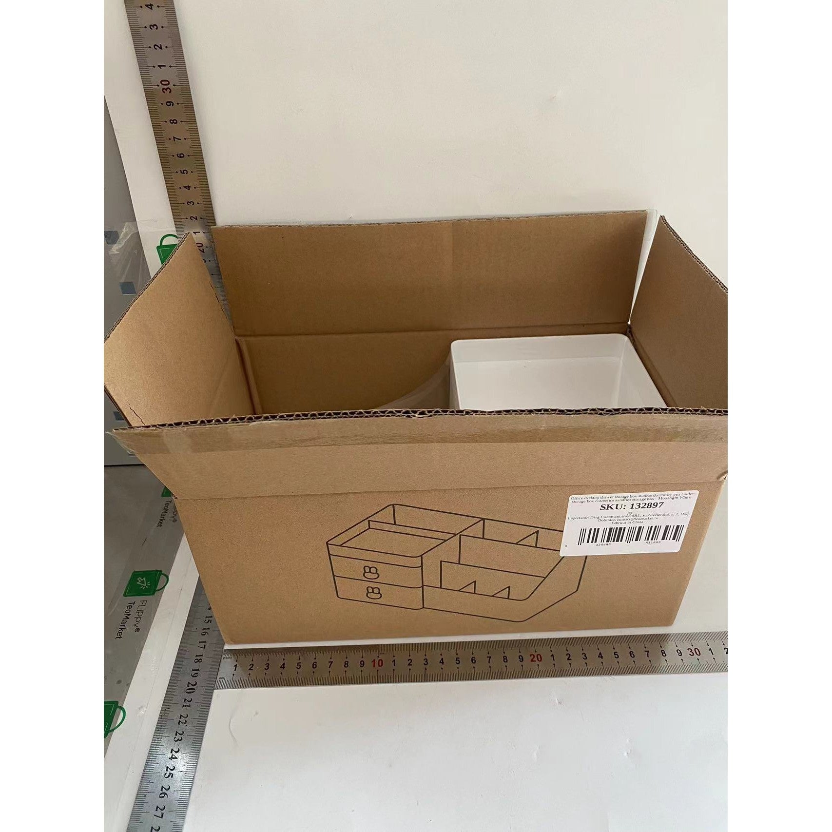 Cutie de Depozitare pentru Birou, Flippy, Pentru Makeup, Papetarie, Organizator Cosmetice, 2 Sertare si Compartimente Multiple, Model Iepuras, Plastic, 27.5x15.5x12 cm, Alb-1