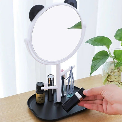 Oglina Cosmetica cu Picior, Flippy, HD, Rotire 360 Grade, 15 cm Diametru, Suport Bijuterii Baza + Brate, Model cu Urechi, 30 x 16.5 x 15 cm, Alb/Negru-1