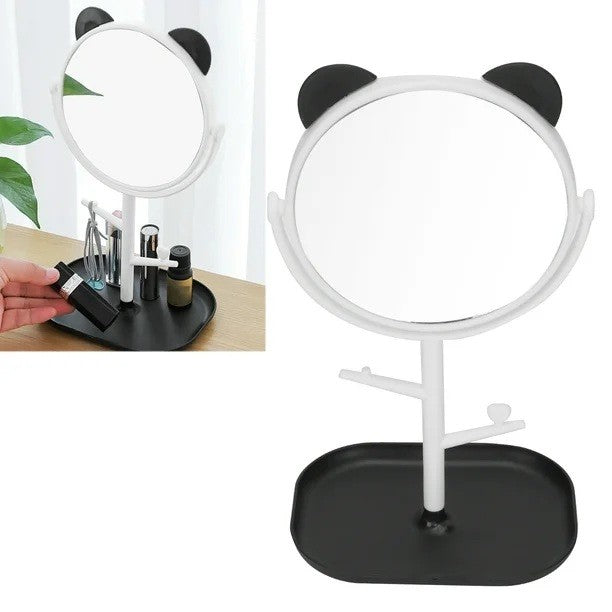 Oglina Cosmetica cu Picior, Flippy, HD, Rotire 360 Grade, 15 cm Diametru, Suport Bijuterii Baza + Brate, Model cu Urechi, 30 x 16.5 x 15 cm, Alb/Negru-2