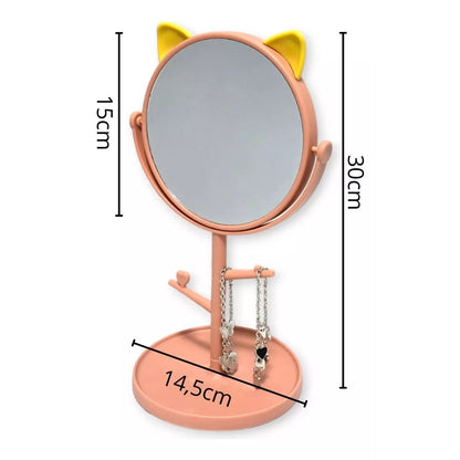 Oglina Cosmetica cu Picior, Flippy, HD, Rotire 360 Grade, 15 cm Diametru, Suport Bijuterii Baza Rotunda + 2 Brate, Model cu Urechi, 31 x 14.5 x 15 cm, din Plastic, Roz/Galben-2