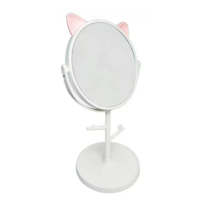 Oglina Cosmetica cu Picior, Flippy, HD, Rotire 360 Grade, 15 cm Diametru, Suport Bijuterii Baza Rotunda + 2 Brate, Model cu Urechi, 31 x 14.5 x 15 cm, din Plastic, Alb-4