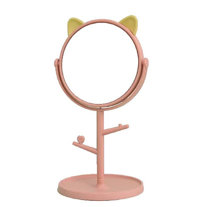 Oglina Cosmetica cu Picior, Flippy, HD, Rotire 360 Grade, 15 cm Diametru, Suport Bijuterii Baza Rotunda + 2 Brate, Model cu Urechi, 31 x 14.5 x 15 cm, din Plastic, Roz/Galben-0