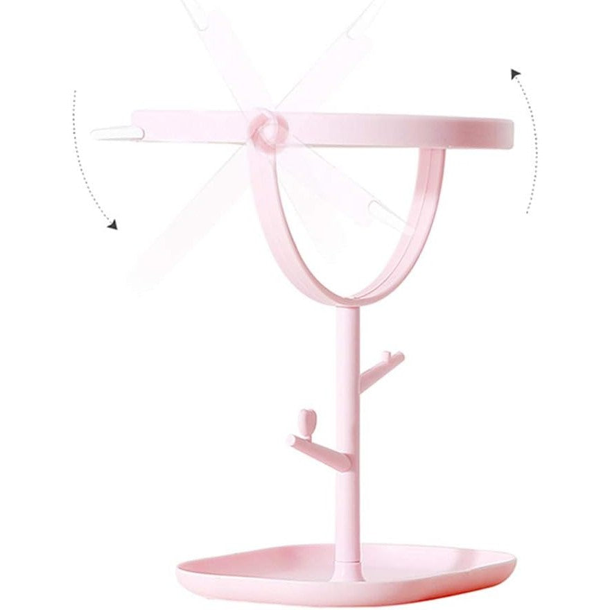 Oglina Cosmetica cu Picior, Flippy, HD, Rotire 360 Grade, 15 cm Diametru, Suport Bijuterii Baza + Brate, Model cu Urechi, 30 x 16.5 x 15 cm, Roz-1