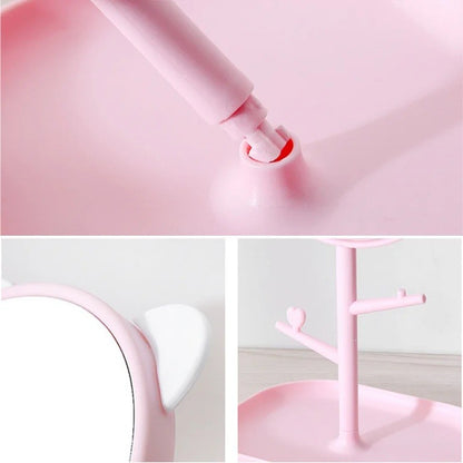 Oglina Cosmetica cu Picior, Flippy, HD, Rotire 360 Grade, 15 cm Diametru, Suport Bijuterii Baza + Brate, Model cu Urechi, 30 x 16.5 x 15 cm, Roz-2