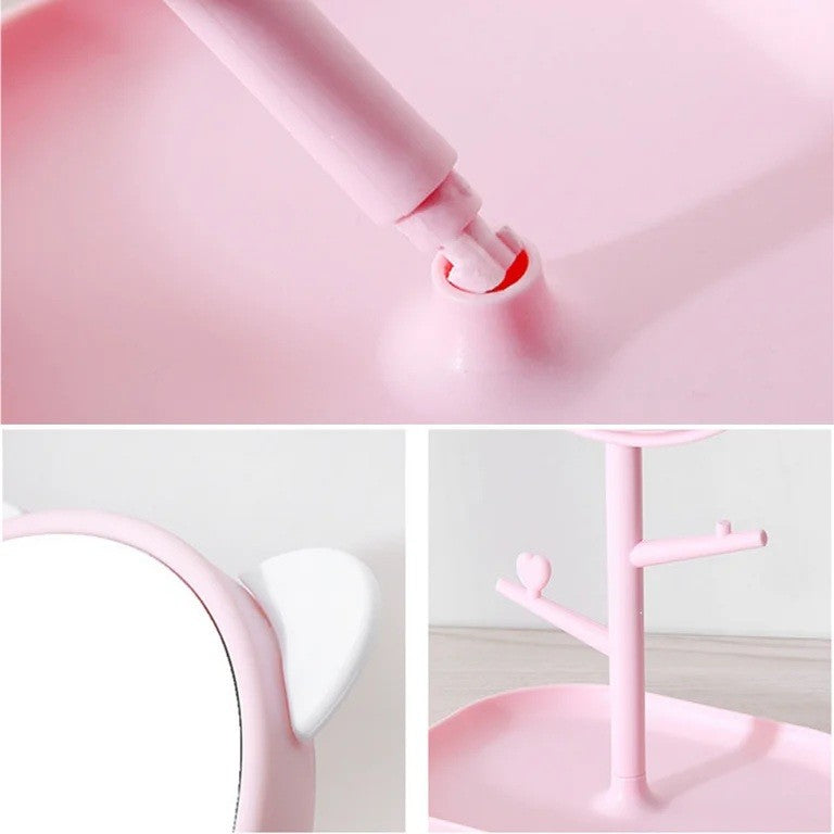Oglina Cosmetica cu Picior, Flippy, HD, Rotire 360 Grade, 15 cm Diametru, Suport Bijuterii Baza + Brate, Model cu Urechi, 30 x 16.5 x 15 cm, Roz-2