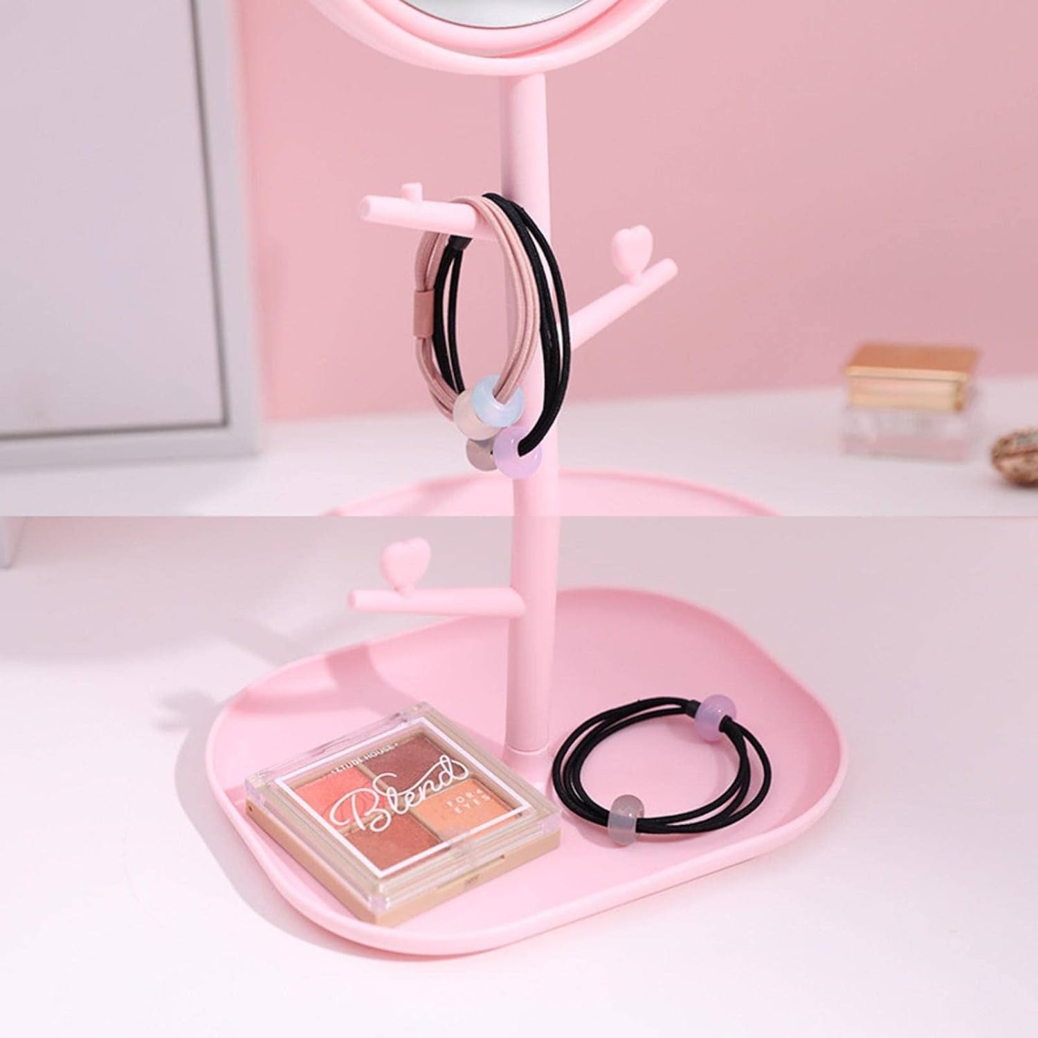 Oglina Cosmetica cu Picior, Flippy, HD, Rotire 360 Grade, 15 cm Diametru, Suport Bijuterii Baza + Brate, Model cu Urechi, 30 x 16.5 x 15 cm, Roz-3