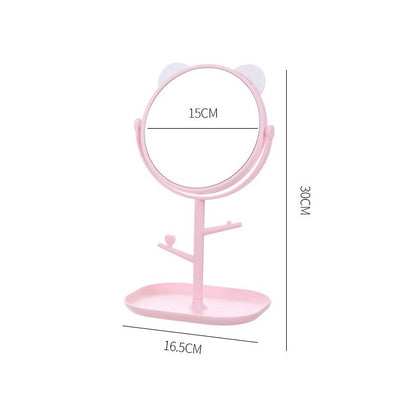 Oglina Cosmetica cu Picior, Flippy, HD, Rotire 360 Grade, 15 cm Diametru, Suport Bijuterii Baza + Brate, Model cu Urechi, 30 x 16.5 x 15 cm, Roz-4