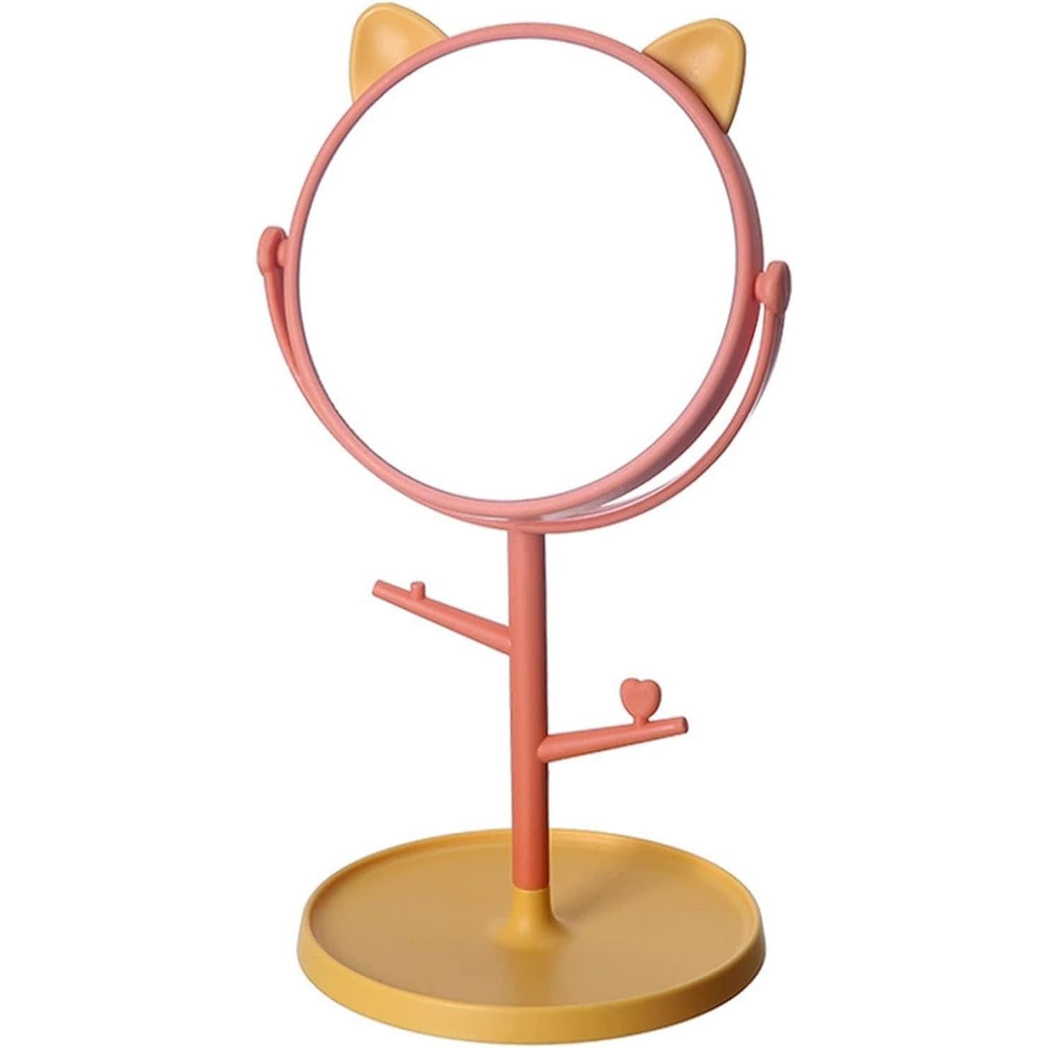 Oglina Cosmetica cu Picior, Flippy, HD, Rotire 360 Grade, 15 cm Diametru, Suport Bijuterii Baza Rotunda + 2 Brate, Model cu Urechi, 31 x 14.5 x 15 cm, din Plastic, Portocaliu/Galben-0