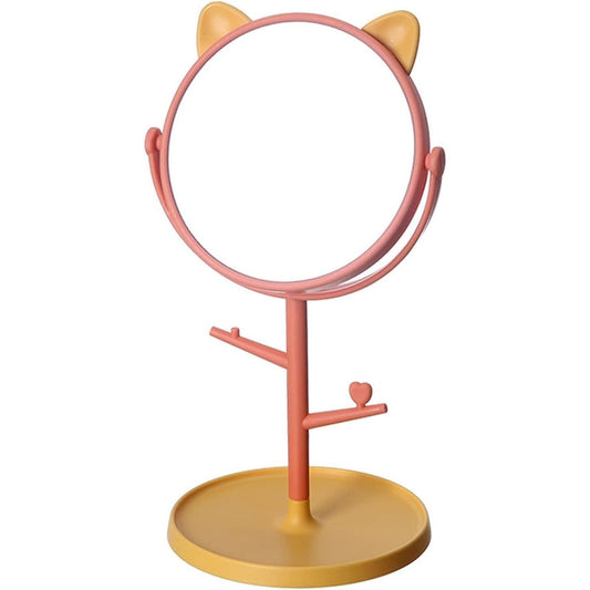 Oglina Cosmetica cu Picior, Flippy, HD, Rotire 360 Grade, 15 cm Diametru, Suport Bijuterii Baza Rotunda + 2 Brate, Model cu Urechi, 31 x 14.5 x 15 cm, din Plastic, Portocaliu/Galben-0