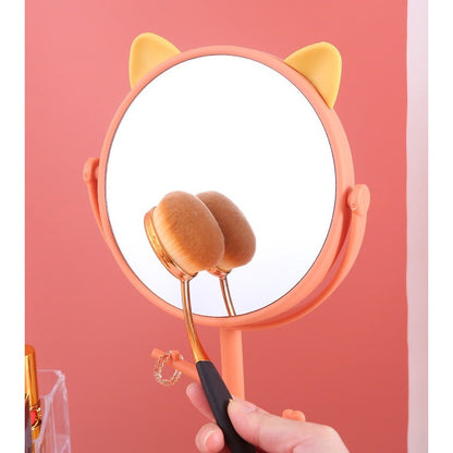 Oglina Cosmetica cu Picior, Flippy, HD, Rotire 360 Grade, 15 cm Diametru, Suport Bijuterii Baza Rotunda + 2 Brate, Model cu Urechi, 31 x 14.5 x 15 cm, din Plastic, Portocaliu/Galben-4