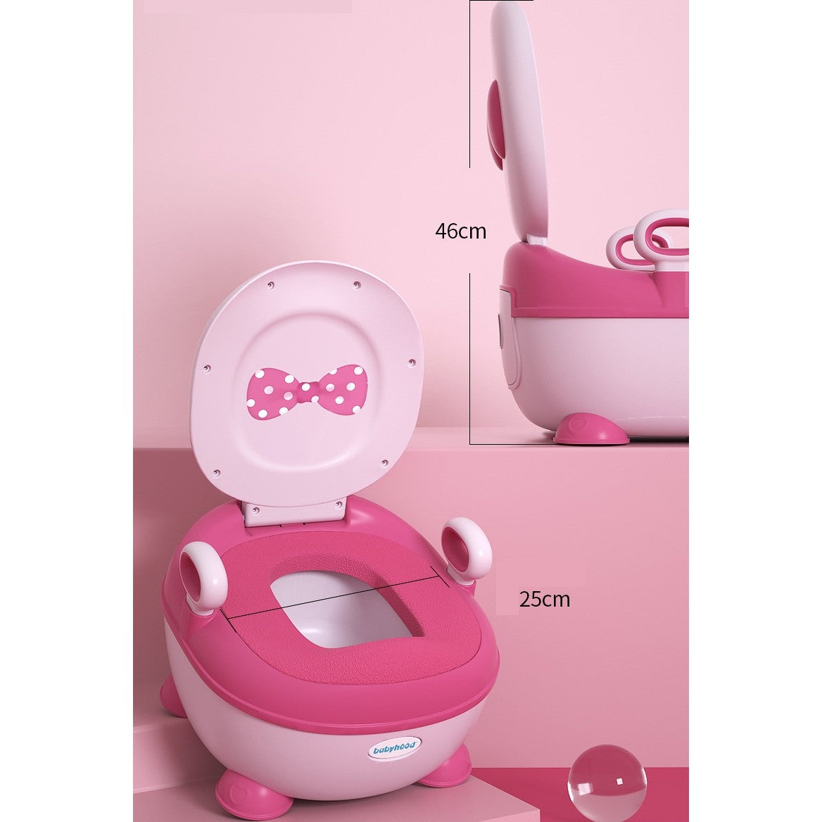 Olita pentru Copii, Flippy, +1an, Portabila, Design cu Fundita, cu Capac, Model Prietenos, Non-Toxic, Compartiment Detasabil, cu Manere, cu 4 Picioare, Usor de Curatat, 46*33*32 cm, Roz-4