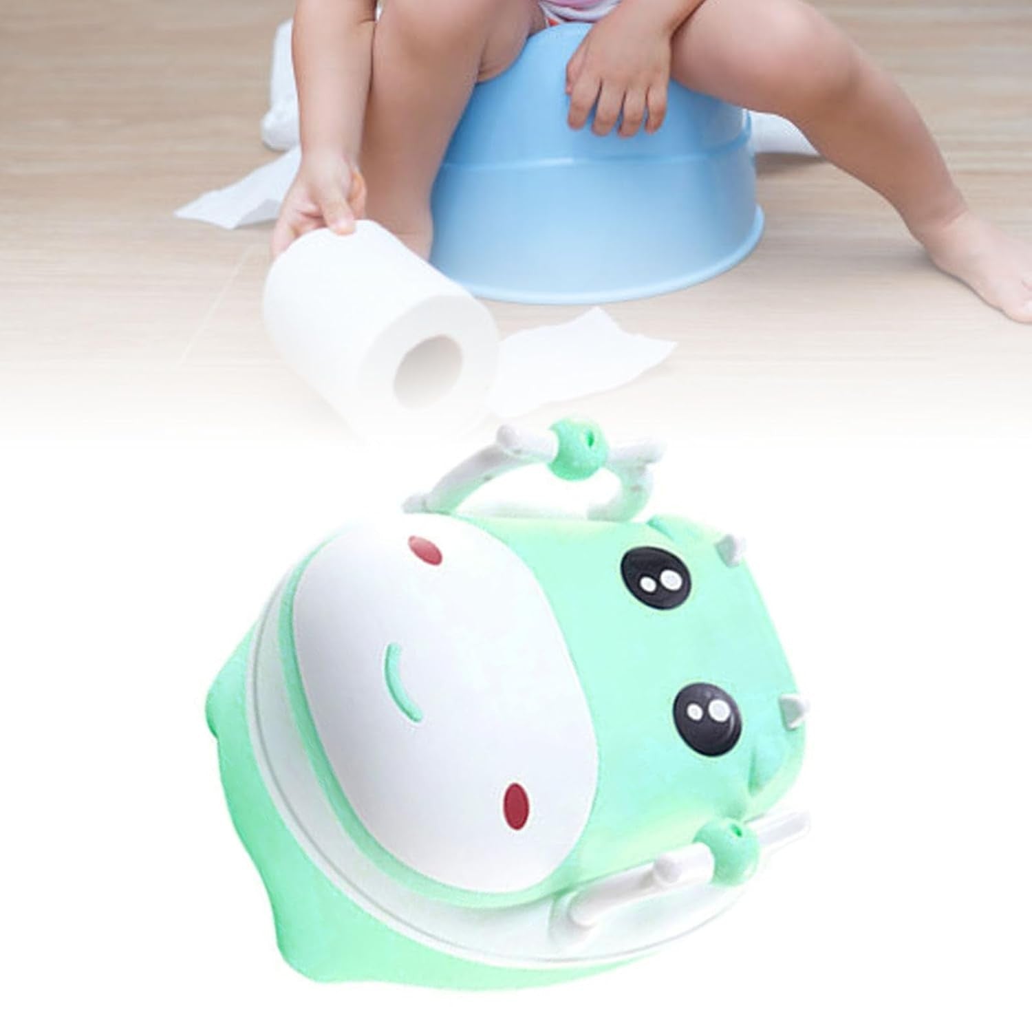 Olita pentru Copii, Flippy, +1an, Portabila, Design Vacuta cu Capac, Model Prietenos, Non-Toxic, cu Manere, Compartiment Detasabil, Perie Inclusa, Usor de Curatat, Verde-2