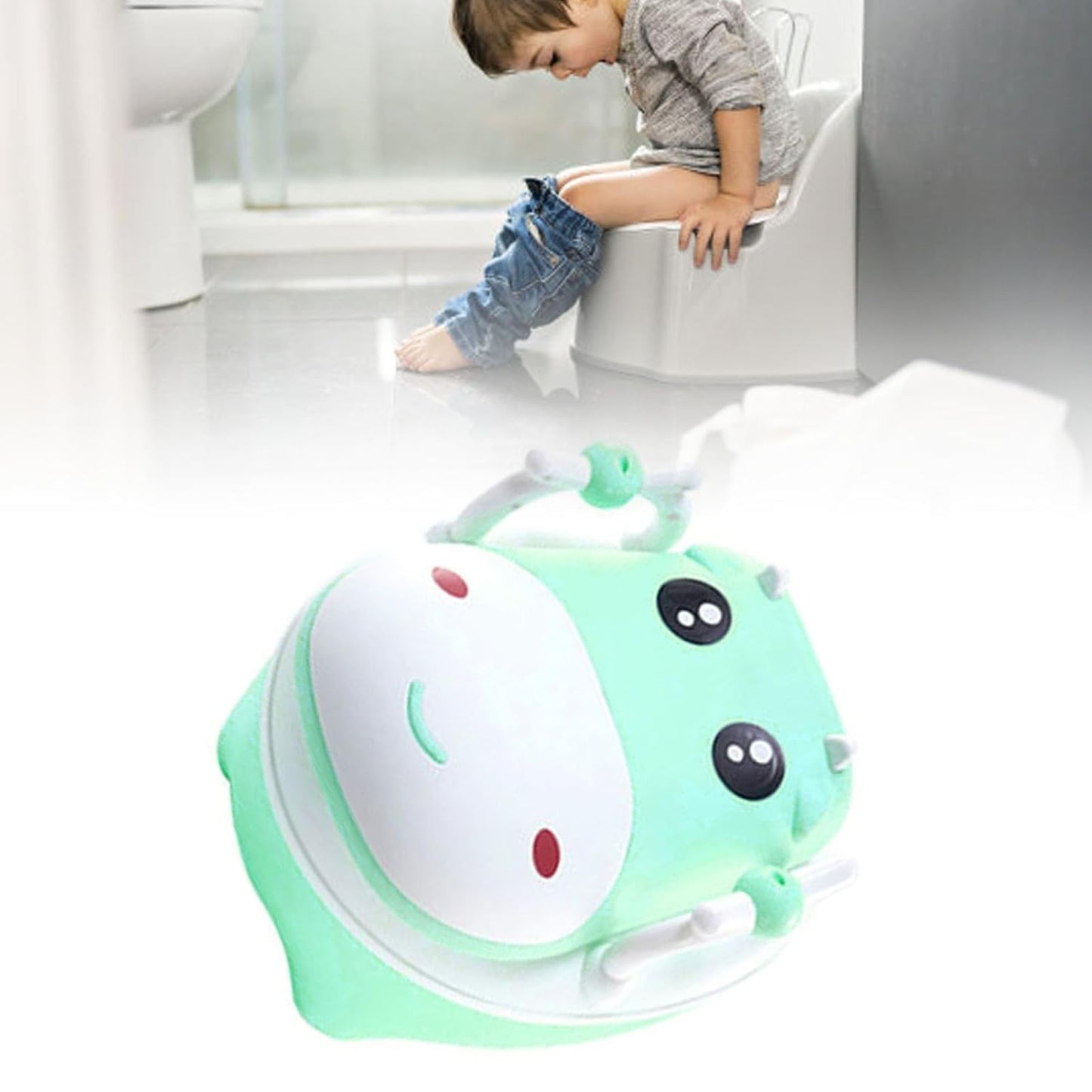 Olita pentru Copii, Flippy, +1an, Portabila, Design Vacuta cu Capac, Model Prietenos, Non-Toxic, cu Manere, Compartiment Detasabil, Perie Inclusa, Usor de Curatat, Verde-3