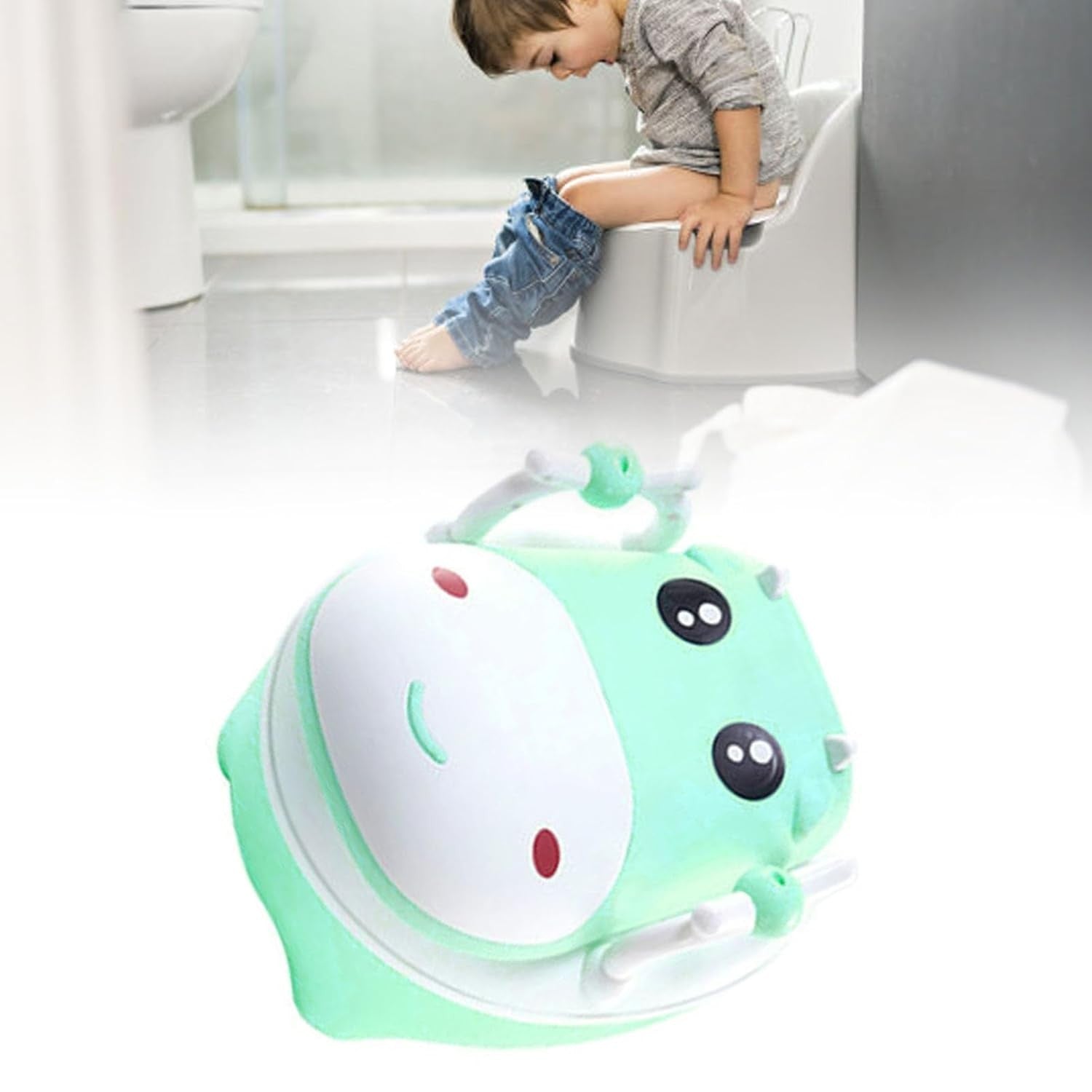 Olita pentru Copii, Flippy, +1an, Portabila, Design Vacuta cu Capac, Model Prietenos, Non-Toxic, cu Manere, Compartiment Detasabil, Perie Inclusa, Usor de Curatat, Verde-3