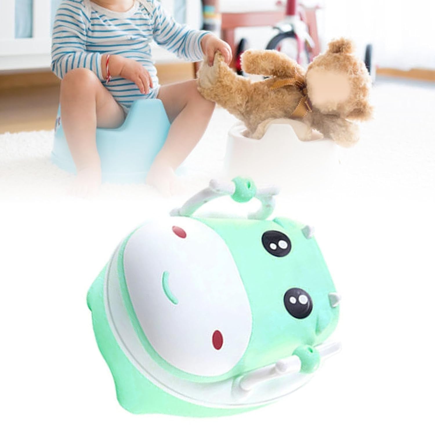 Olita pentru Copii, Flippy, +1an, Portabila, Design Vacuta cu Capac, Model Prietenos, Non-Toxic, cu Manere, Compartiment Detasabil, Perie Inclusa, Usor de Curatat, Verde-4
