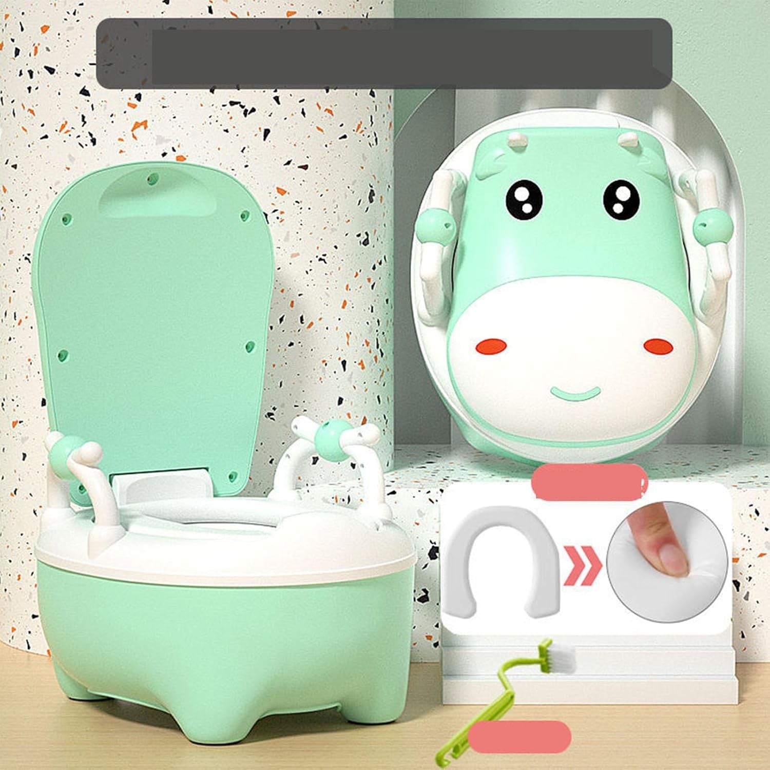 Olita pentru Copii, Flippy, +1an, Portabila, Design Vacuta cu Capac, Model Prietenos, Non-Toxic, cu Manere, Compartiment Detasabil, Perie Inclusa, Usor de Curatat, Verde-5