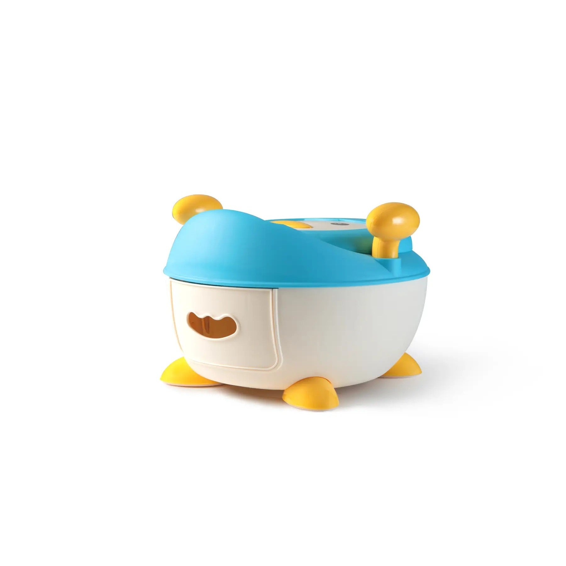 Olita pentru Copii, Flippy, +6 luni, Compartiment Detasabil, cu Capac, Antiderapanta, din Plastic, Colac Moale, Model Animat Vulpe, cu Maner, 34.5 x 35 x 23 cm, Albastru/Alb-3