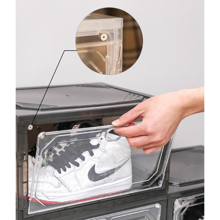 Organizator de Pantofi, Flippy, din PP+ABS, Usa Laterala Magnetica, Rezistenta la Praf, Anti-Oxidare, Utilizare Multipla, 36 x 28 x 21 cm, Gri Transparent-4