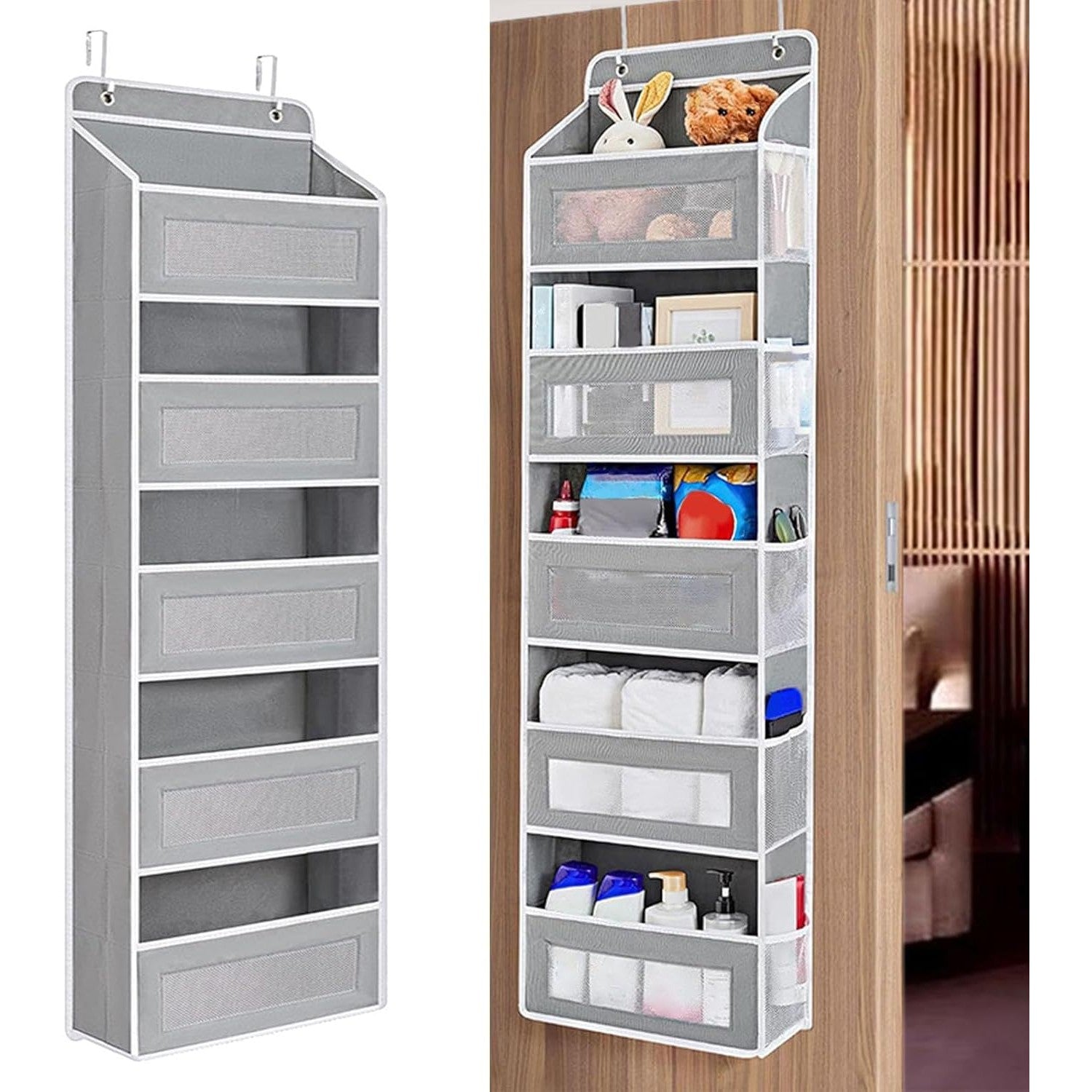 Organizator Suspendat pentru Usi, Flippy, din Nailon si Plasa, Baza de Carton Ingrosat, 5 Buzunare Principale + 5 Buzunare Laterale, 146 x 40 x 17 cm, 2 Carlige Incluse, Gri-2