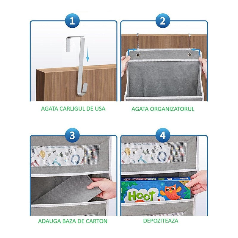 Organizator Suspendat pentru Usi, Flippy, din Nailon si Plasa, Baza de Carton Ingrosat, 5 Buzunare Principale + 5 Buzunare Laterale, 146 x 40 x 17 cm, 2 Carlige Incluse, Gri-3