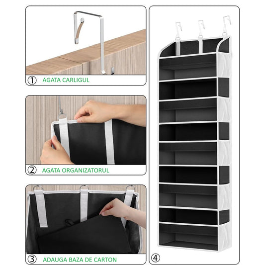 Organizator Suspendat pentru Usi, Flippy, din Nailon si Plasa, Baza de Carton Ingrosat, 5 Buzunare Principale + 10 Buzunare Laterale, 140 x 39 x 17 cm, 3 Carlige Incluse, Negru-1