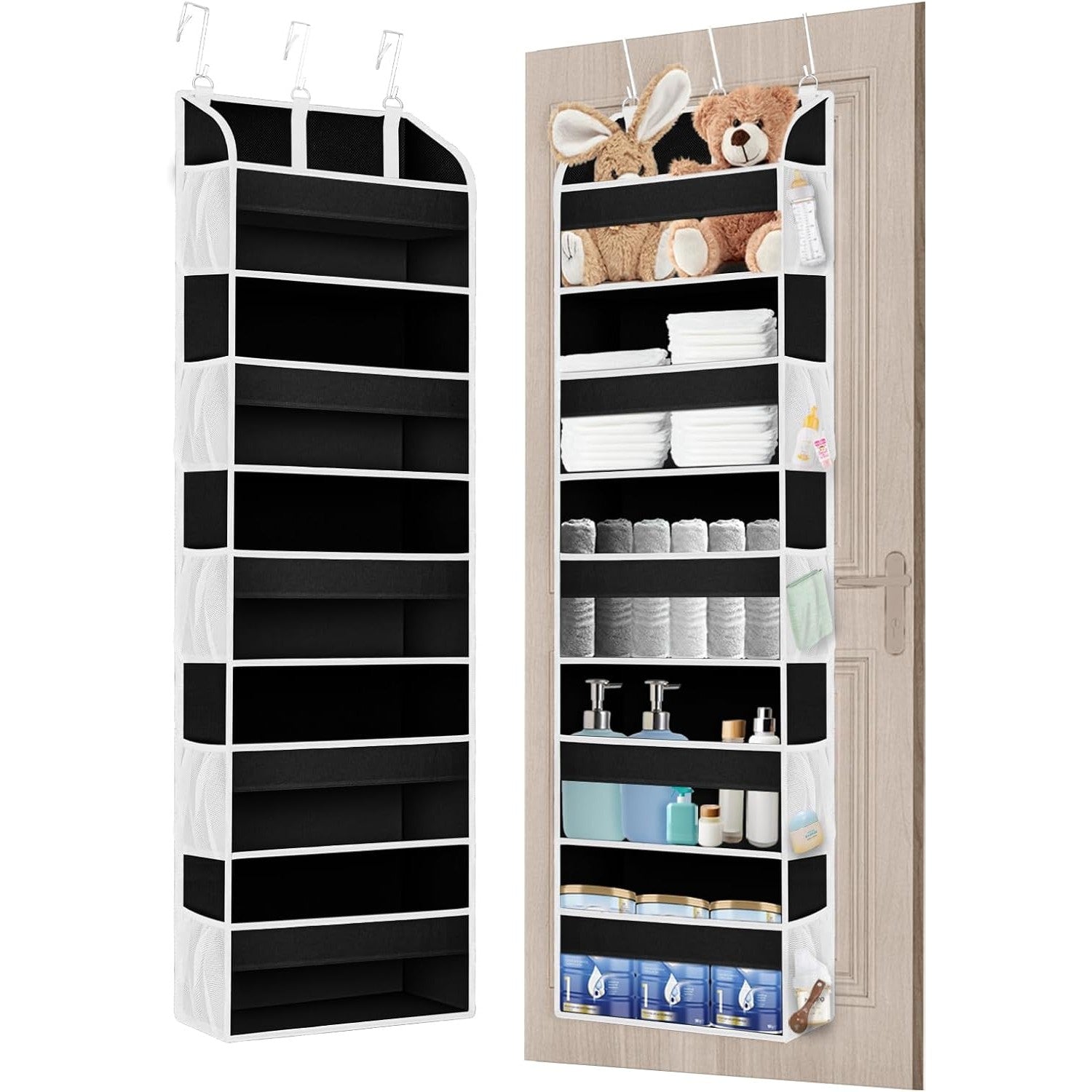 Organizator Suspendat pentru Usi, Flippy, din Nailon si Plasa, Baza de Carton Ingrosat, 5 Buzunare Principale + 10 Buzunare Laterale, 140 x 39 x 17 cm, 3 Carlige Incluse, Negru-2
