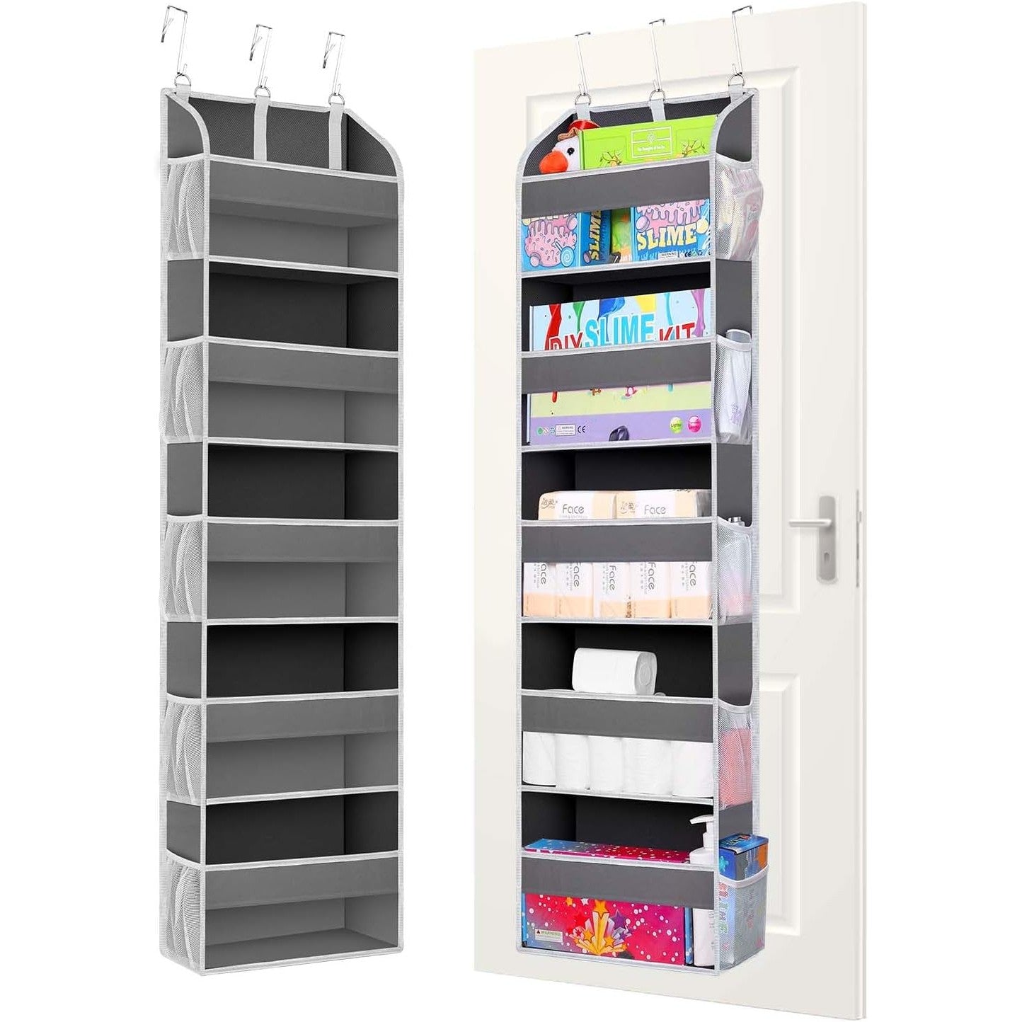 Organizator Suspendat pentru Usi, Flippy, din Nailon si Plasa, Baza de Carton Ingrosat, 5 Buzunare Principale + 10 Buzunare Laterale, 140 x 39 x 17 cm, 3 Carlige Incluse, Gri-3