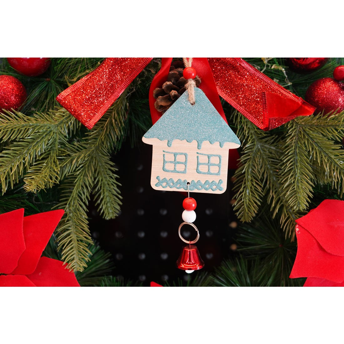 Ornament de brad casuta, Flippy, multicolor, lemn, 18 cm-2