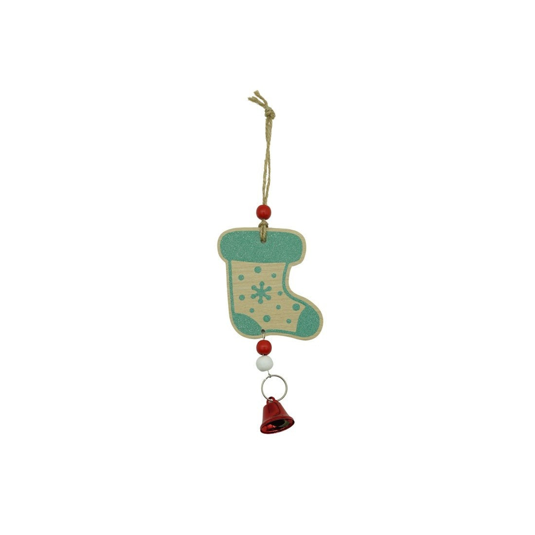 Ornament de brad ciorap cu clopotel, Flippy, multicolor, lemn, 17 cm-0