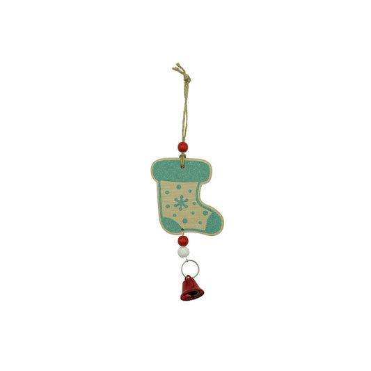 Ornament de brad ciorap cu clopotel, Flippy, multicolor, lemn, 17 cm-0