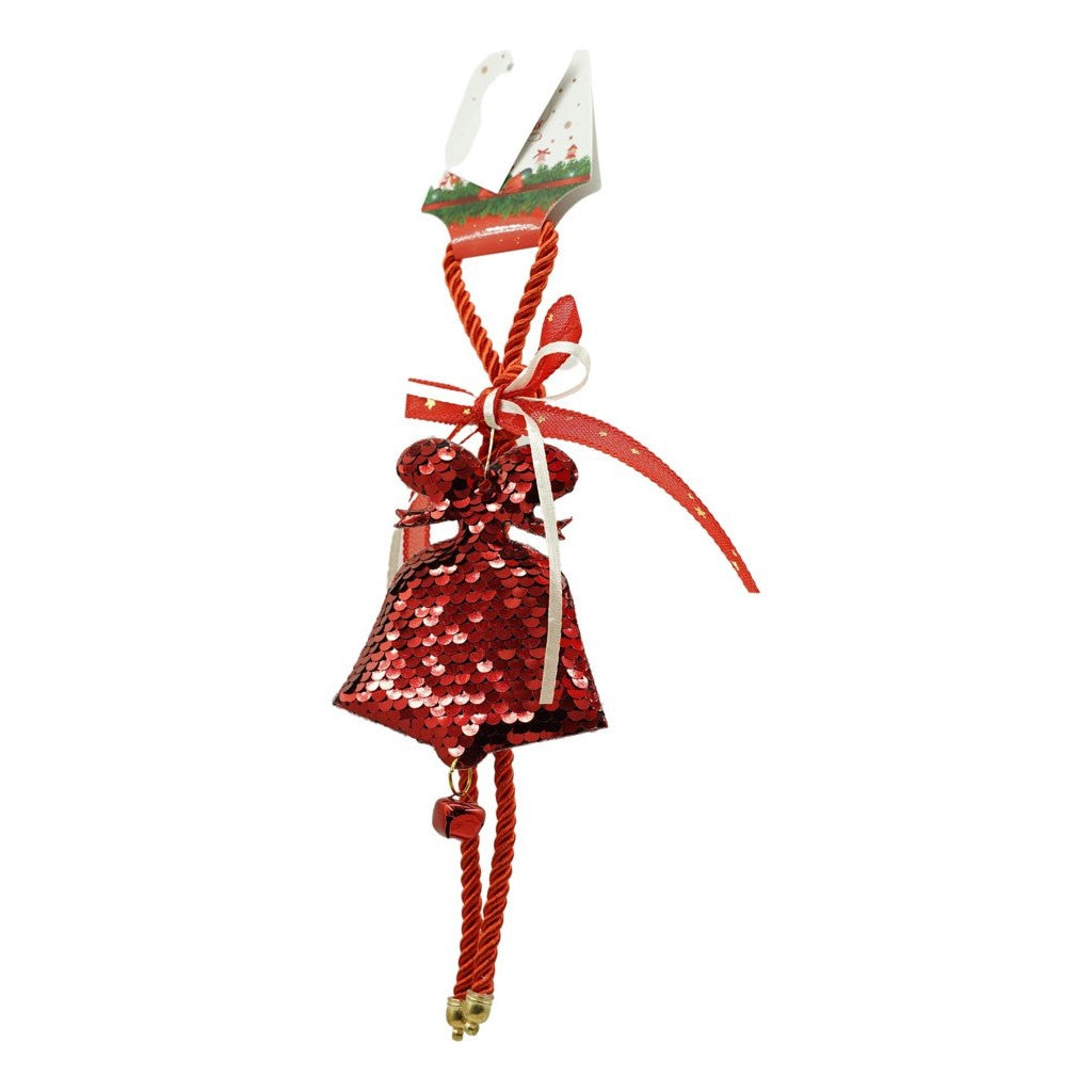 Ornament de brad clopotel cu paiete, Flippy, rosu, lemn, 25 cm-0