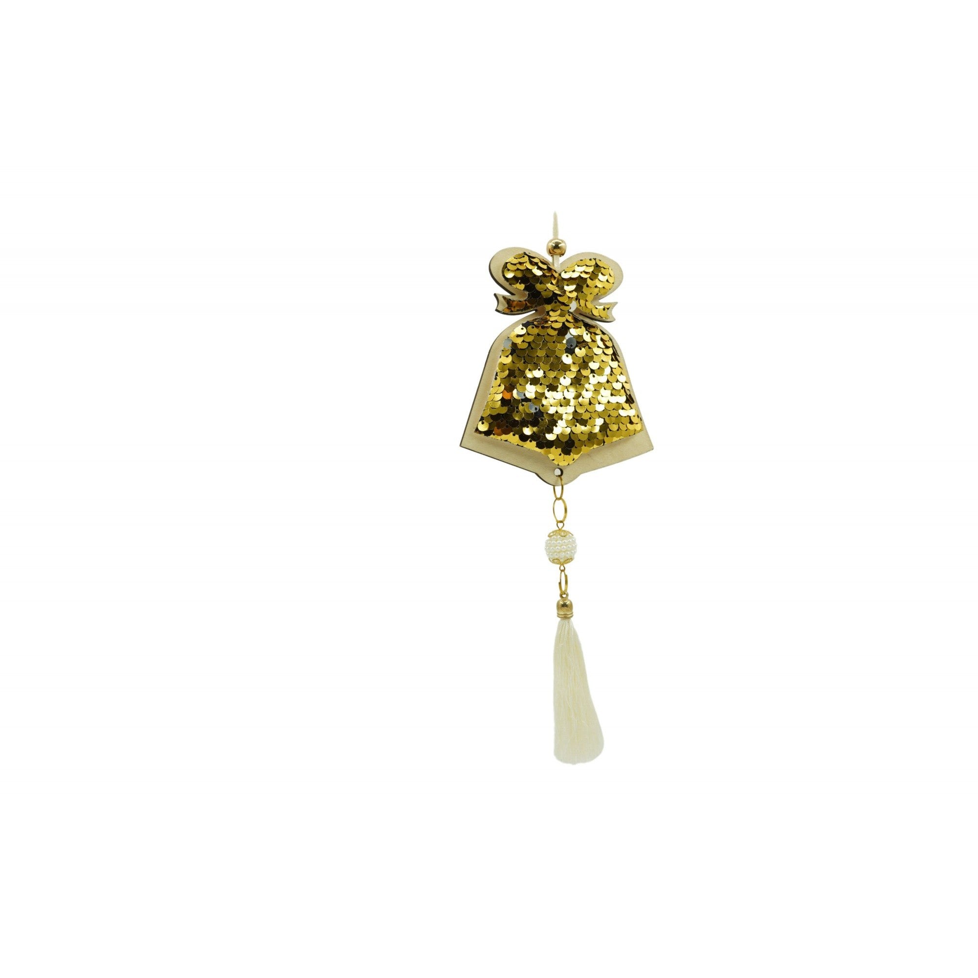 Ornament de brad clopotel cu paiete model 2, Flippy, auriu, lemn, 36 cm-2