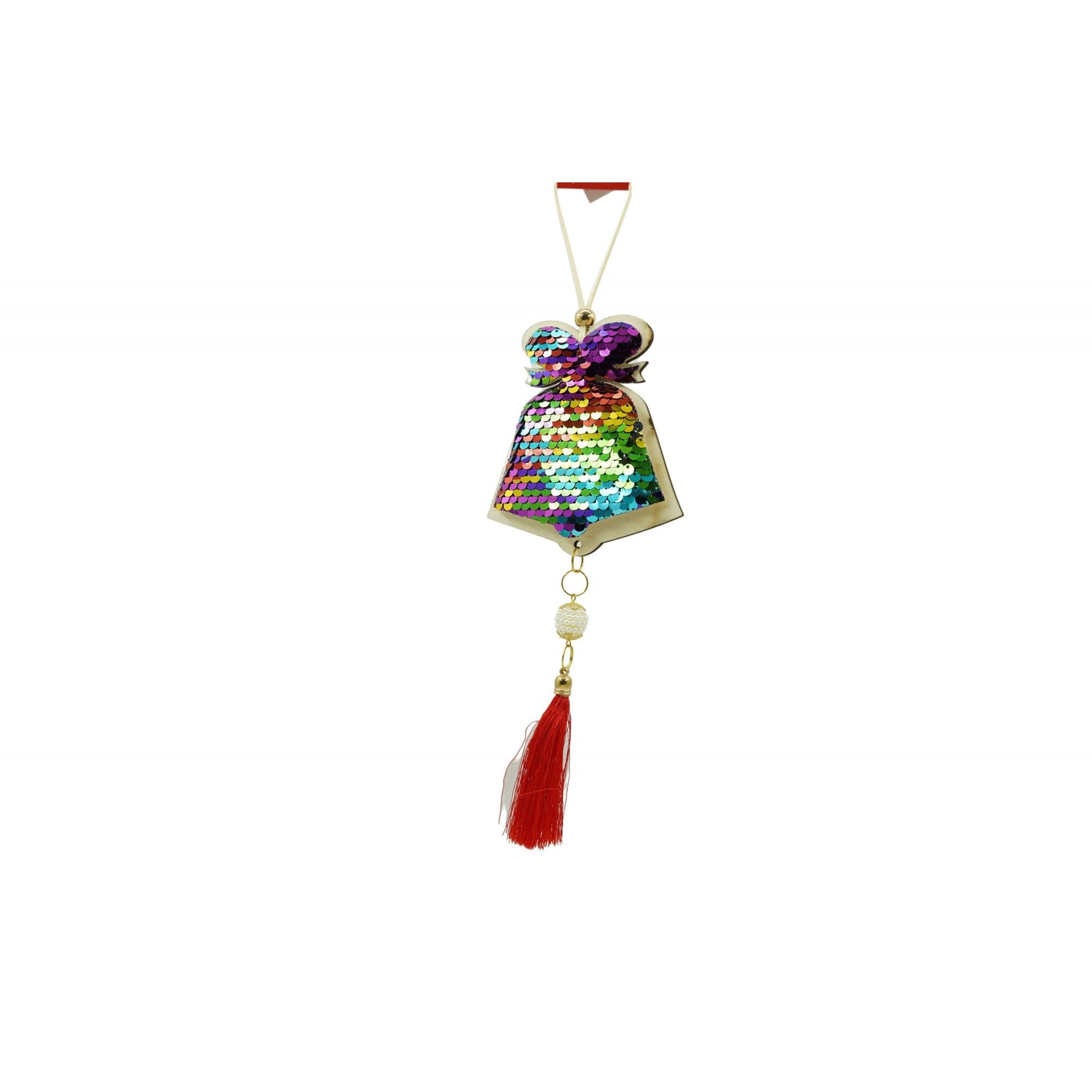 Ornament de brad clopotel cu paiete model 2, Flippy, multicolor, lemn, 36 cm-2