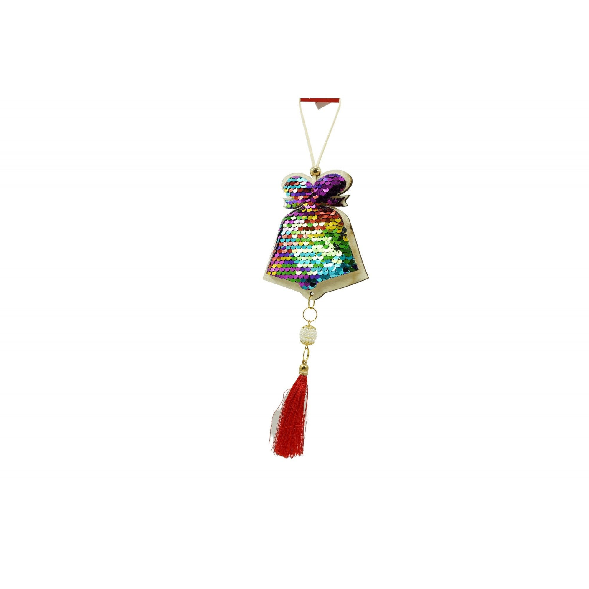 Ornament de brad clopotel cu paiete model 2, Flippy, multicolor, lemn, 36 cm-2