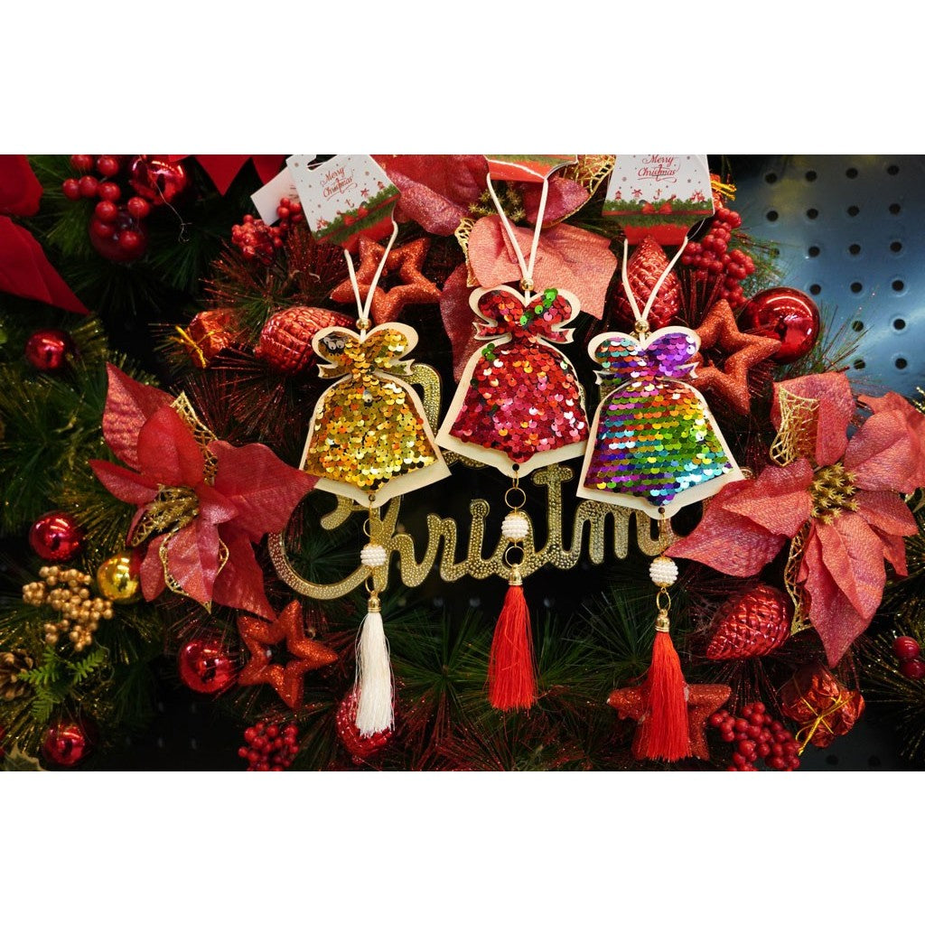 Ornament de brad clopotel cu paiete model 2, Flippy, rosu, lemn, 36 cm-4