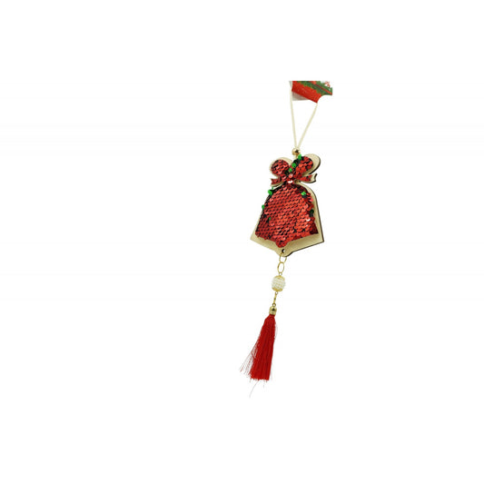 Ornament de brad clopotel cu paiete model 2, Flippy, rosu, lemn, 36 cm-0