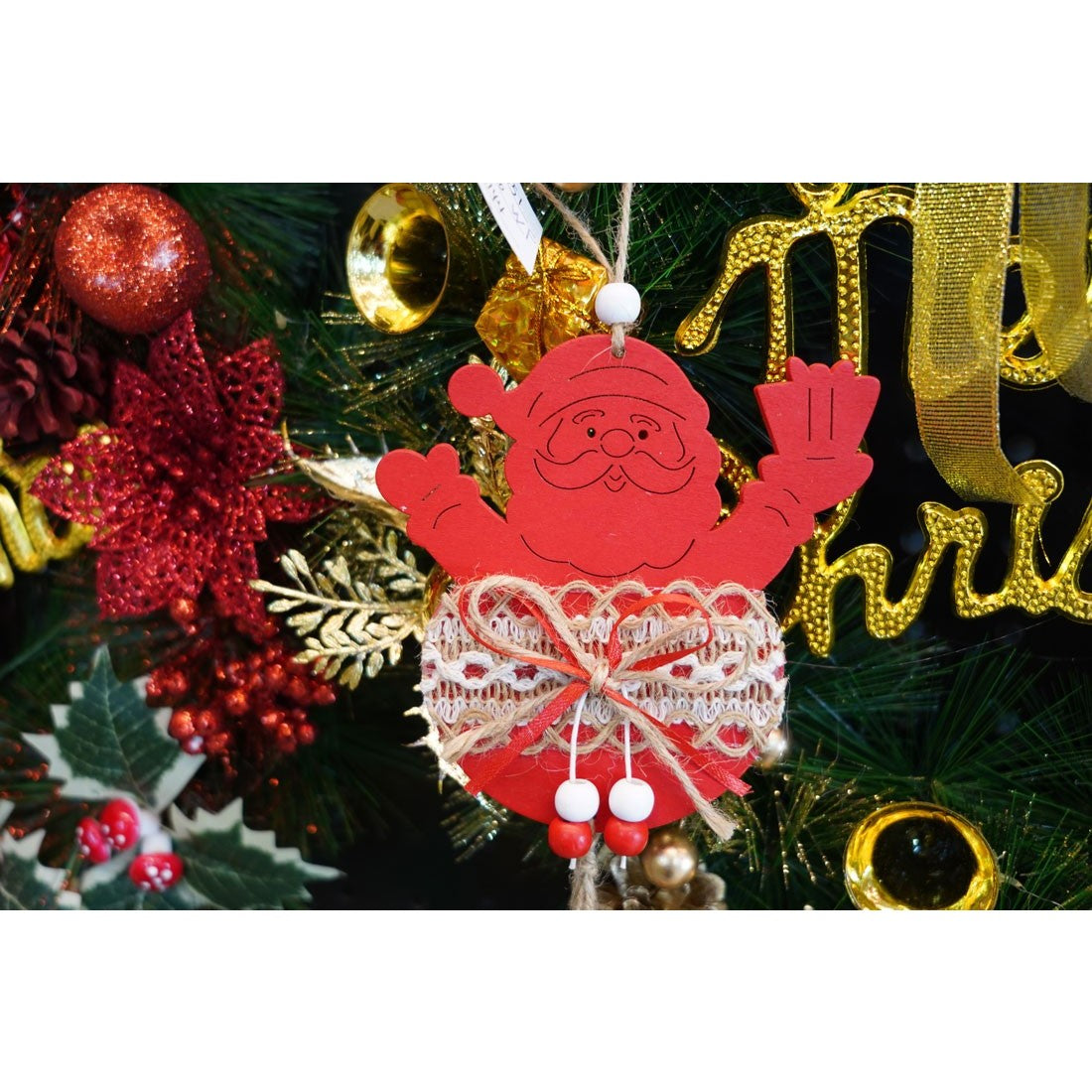 Ornament de brad Mos Craciun, Flippy, rosu, lemn/textil, 36 cm-2