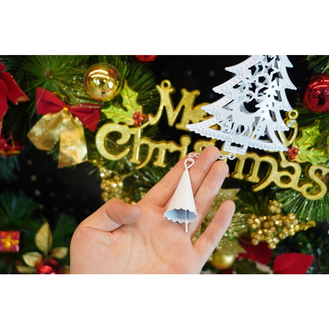 Ornament de brad pom de craciun, Flippy, alb, metal, 20 cm-3