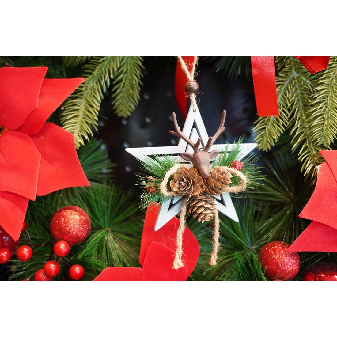 Ornament de brad stea cu cerb, Flippy, multicolor, lemn, 15 cm-2